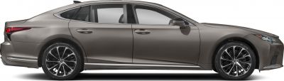 Side profile of luxury sedan with multi-spoke alloy wheels and sleek aerodynamic design