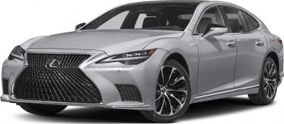 Large spindle grille and sleek LED headlights on a luxury sedan front.