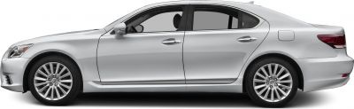 Side profile of silver luxury sedan with multi-spoke wheels