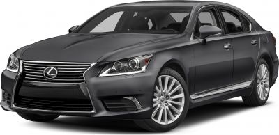 Luxury sedan front profile with LED headlights and horizontal chrome grille