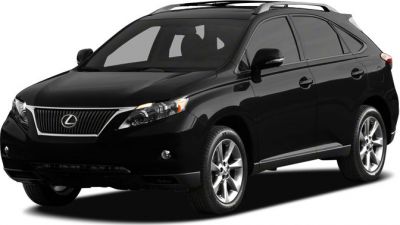 Glossy black SUV with chrome grille, roof rails, and alloy wheels
