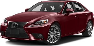 Red sedan front-side view with headlights and alloy wheels