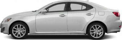 Side profile of a silver four-door sedan with alloy wheels.