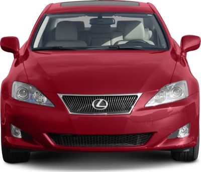 Red front view with distinctive grille and sleek headlights