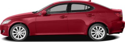 Side profile of red sedan with alloy wheels