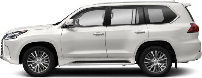 Full side profile of white SUV showing wheels, doors, windows