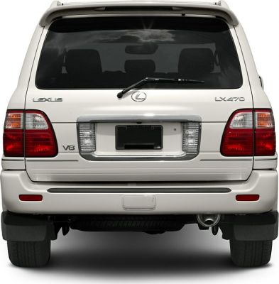 Rear view of SUV with prominent LX470 badge and V8 emblem
