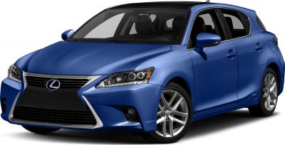 Blue hybrid hatchback front 3-quarter view with spindle grille and LED headlights