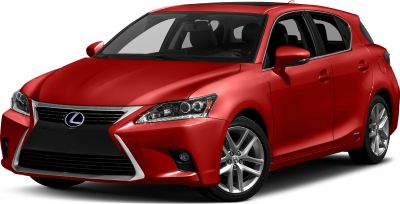 Front side view of red hatchback with sleek headlights and aggressive grille