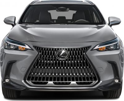 Close-up of bold front grille and sleek headlights