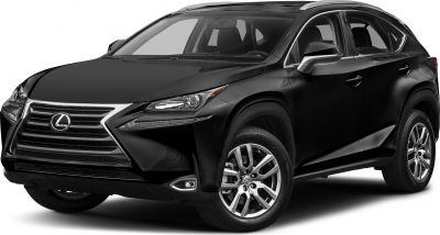 Front and side view of black Lexus NX with alloy wheels and sharp headlights