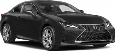 Front angled view of sporty coupe with spindle grille and LED headlights