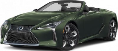 Front view of dark green luxury sports convertible with sharp headlights and large mesh grille