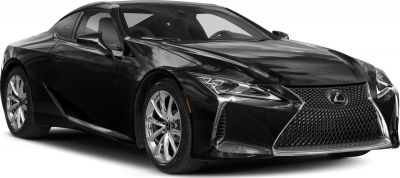 Black luxury sports coupe front angled view with sharp headlights and large grille