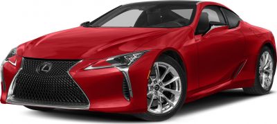 Front-side view of red sports coupe with mesh grille and alloy wheels