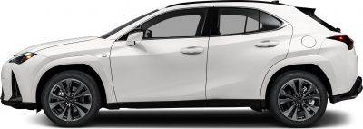 Side profile of a white crossover with black multi-spoke alloy wheels and sculpted body lines