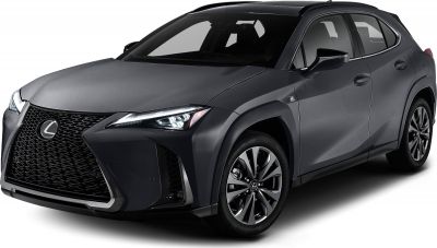 Front and side view of Lexus UX with LED headlights and spindle grille