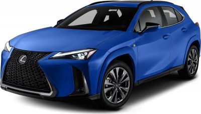 Front and side view of a blue compact luxury SUV with sharp LED headlights and alloy wheels