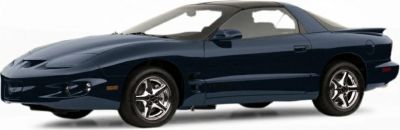 Dark blue two-door coupe with aerodynamic body and chrome five-spoke wheels