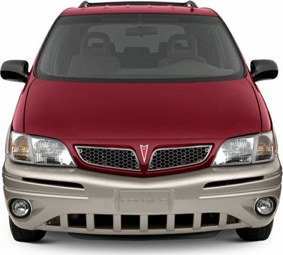 Front view of minivan with dual-tone bumper and Pontiac emblem