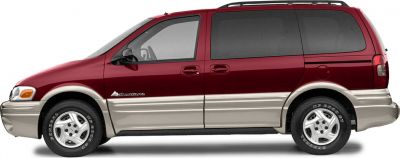 Side profile of two-tone Pontiac Montana minivan with sliding rear door.