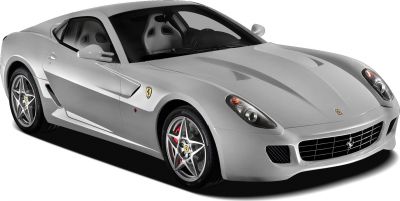 Front-side view of a sleek Ferrari sports coupe with distinctive grille and alloy wheels