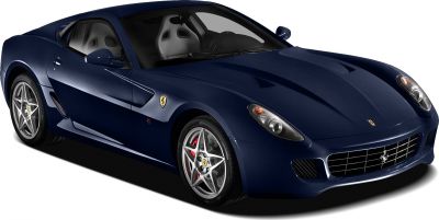 Front side view of a sports coupe with hood vents and alloy wheels