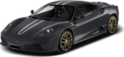 Dark gray sports car with silver racing stripes and gold rims.