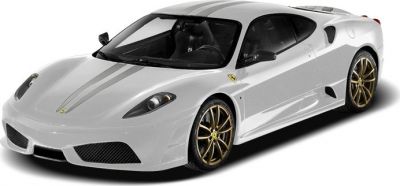 White sports car with aerodynamic front and gold-tone wheels