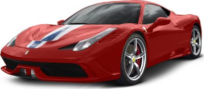Red sports coupe with racing stripe and aerodynamic front design