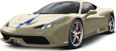 Sporty coupe front angle with racing stripe and aerodynamic features
