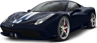 Front-side view with racing stripes and alloy wheels