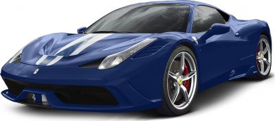 Blue sports coupe with white racing stripes and alloy wheels