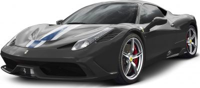 Front view of sleek sports car with racing stripe and alloy wheels