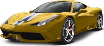 Front-side view of yellow sports car with aerodynamic design and alloy wheels