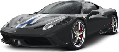 Front angle with racing stripe and alloy wheels featuring red brake calipers