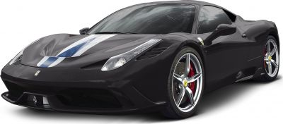 Front view of black sports car with racing stripes and aerodynamic styling