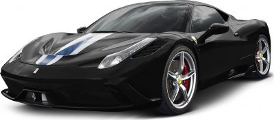 Front view of sports car with racing stripe and alloy wheels