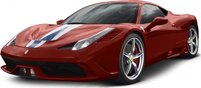 Red sports coupe with prominent racing stripe and aerodynamic design