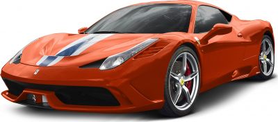 Front angle view of red sports car with blue white racing stripe and alloy wheels