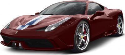 Front view of sports car with racing stripe and alloy wheels