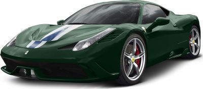 Front view of sports car with racing stripe and alloy wheels