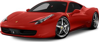 Sharp headlights and alloy wheels on red sports car front-side view