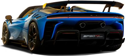 Rear view of a high-performance sports car with large rear wing and dual exhaust.