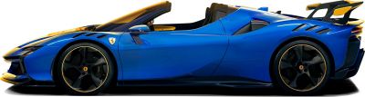 Blue convertible supercar side profile with aerodynamic vents and large wheels