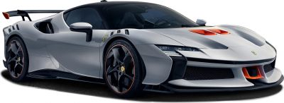 Silver Ferrari with aerodynamic vents and black sport wheels with orange trim