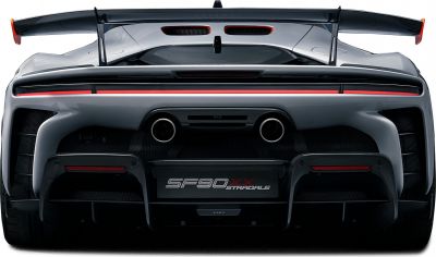 Rear view of sports car with dual exhausts and large aerodynamic rear wing