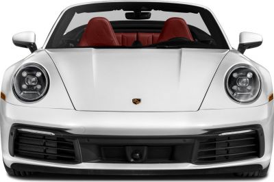 Front view with round LED headlights and red leather seats