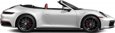 Side profile of a sleek convertible with alloy wheels and open roof.