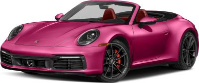 Front view of a pink convertible sports car with prominent headlights and sporty wheels